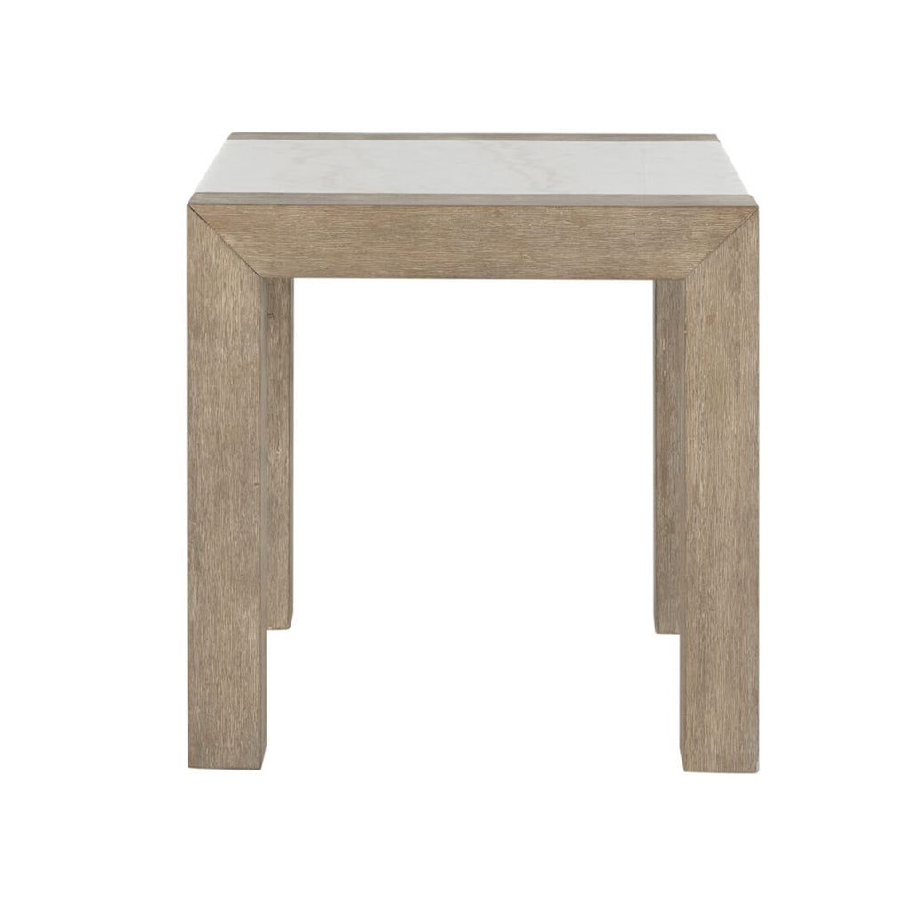 Ana Beige End Table featuring a square marble top and clean-lined wood base, shown from side view. Perfect for modern interiors.