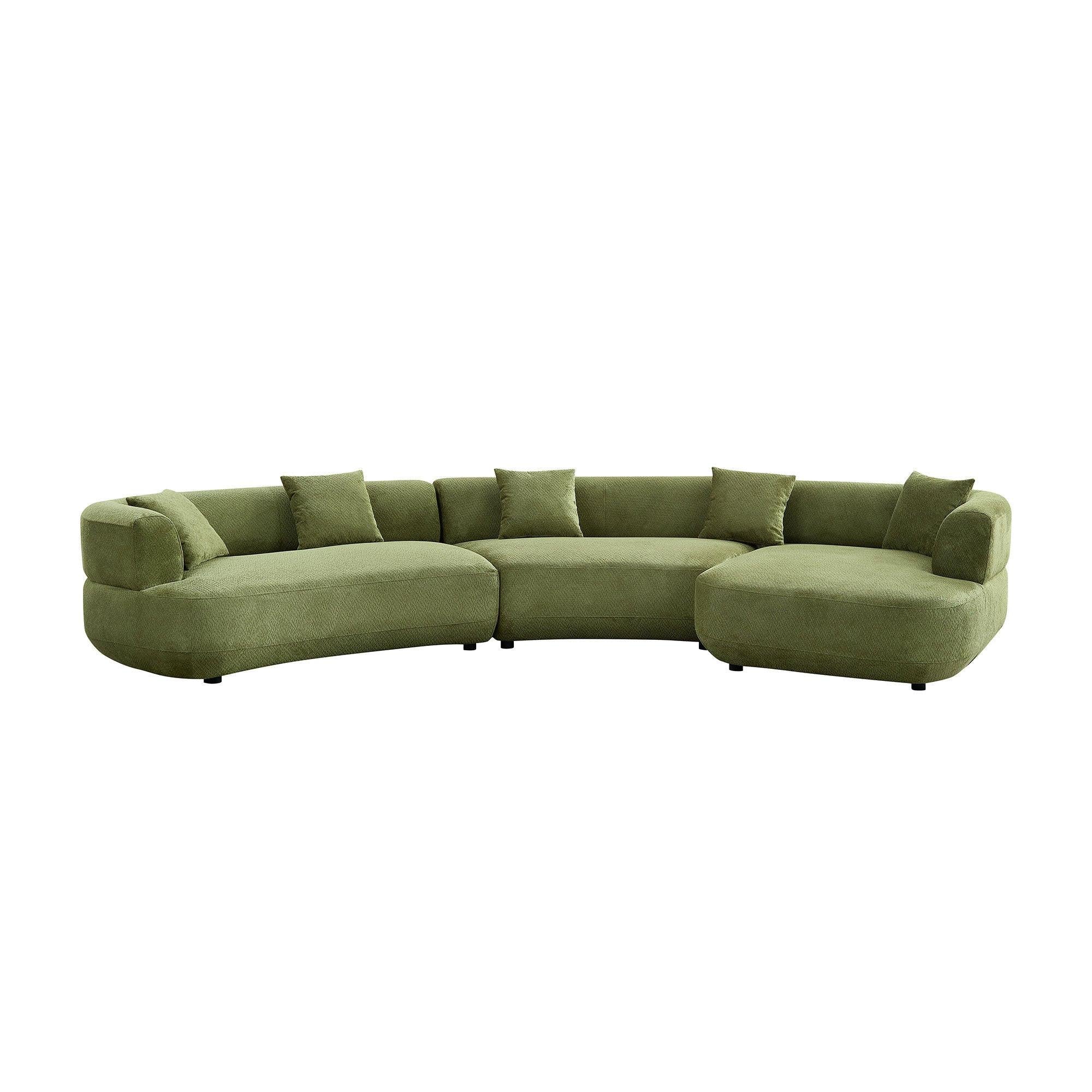 155.91 inch Curved Green Sectional Sofa with 5 Pillows.