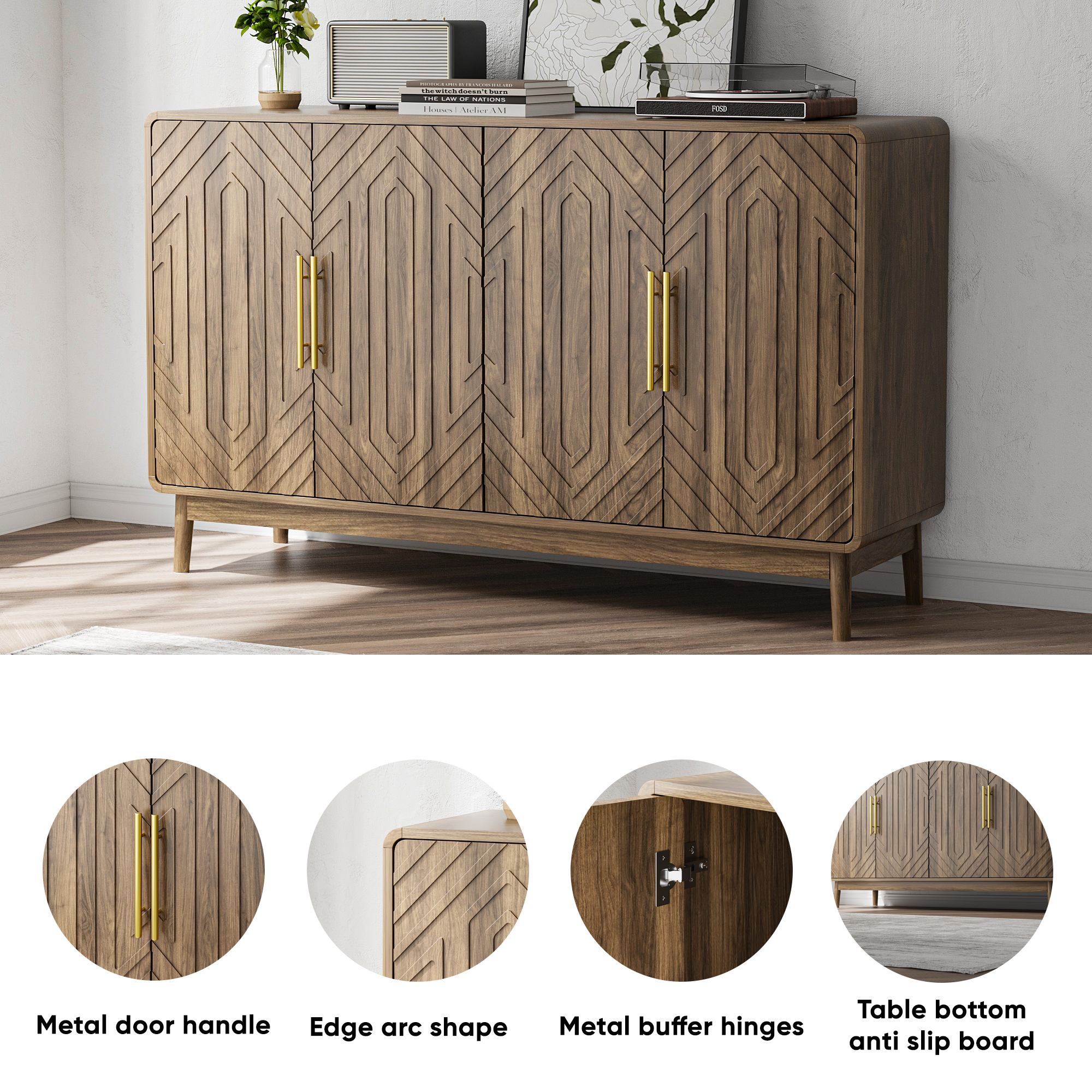 Close-up features of walnut sideboard including metal handles, arc edges, buffer hinges, and anti-slip base. Modern buffet with practical design.