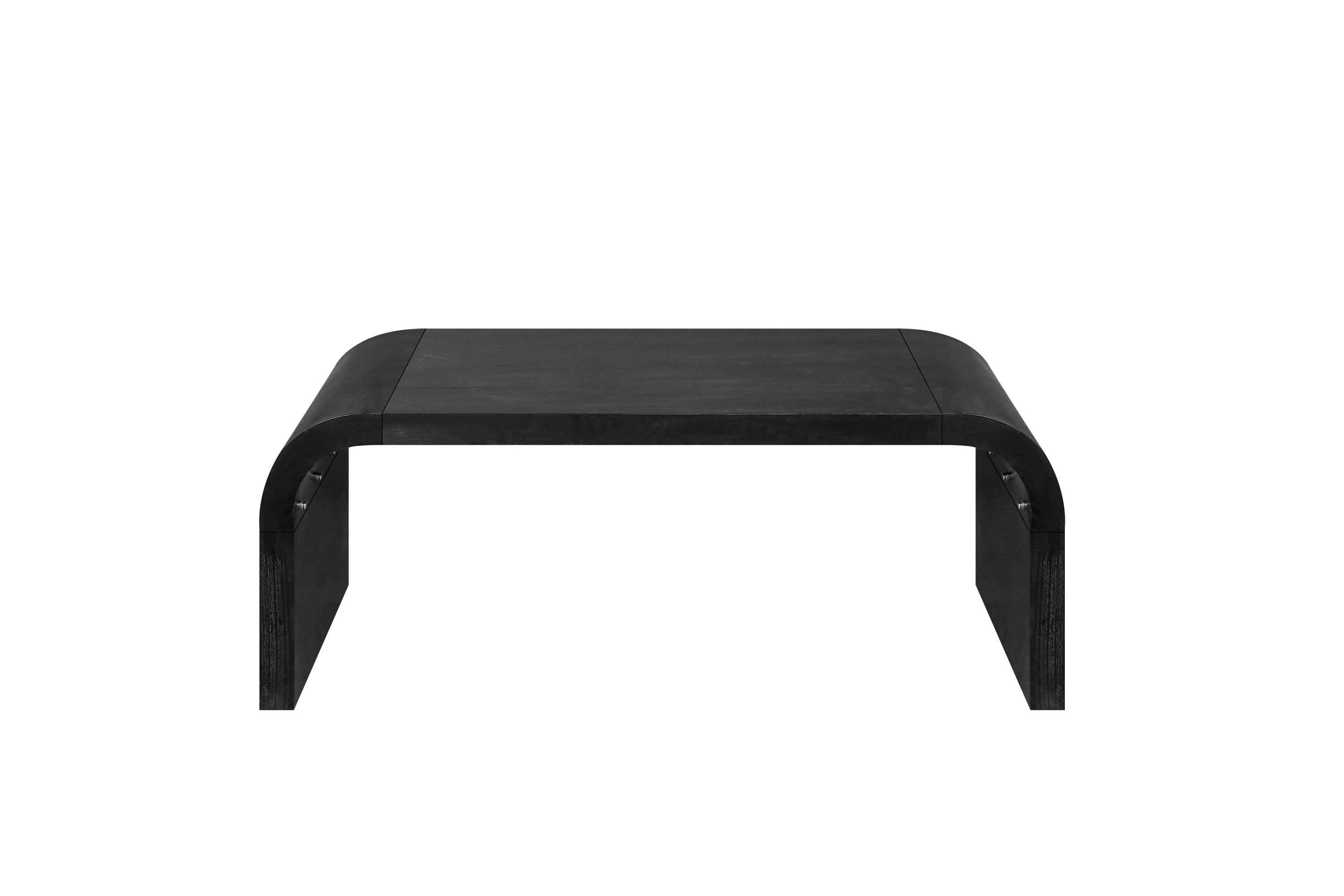 Front view of the Farmhouse Crafts Coffee Table highlighting its curved Art Deco design and solid black wood texture.