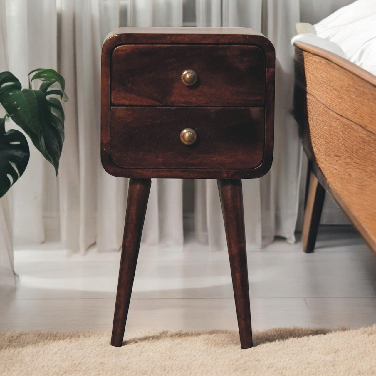 Solid Wood Mini California Walnut Curved Bedside, 2-Drawers, Nordic Legs, Dark Brown