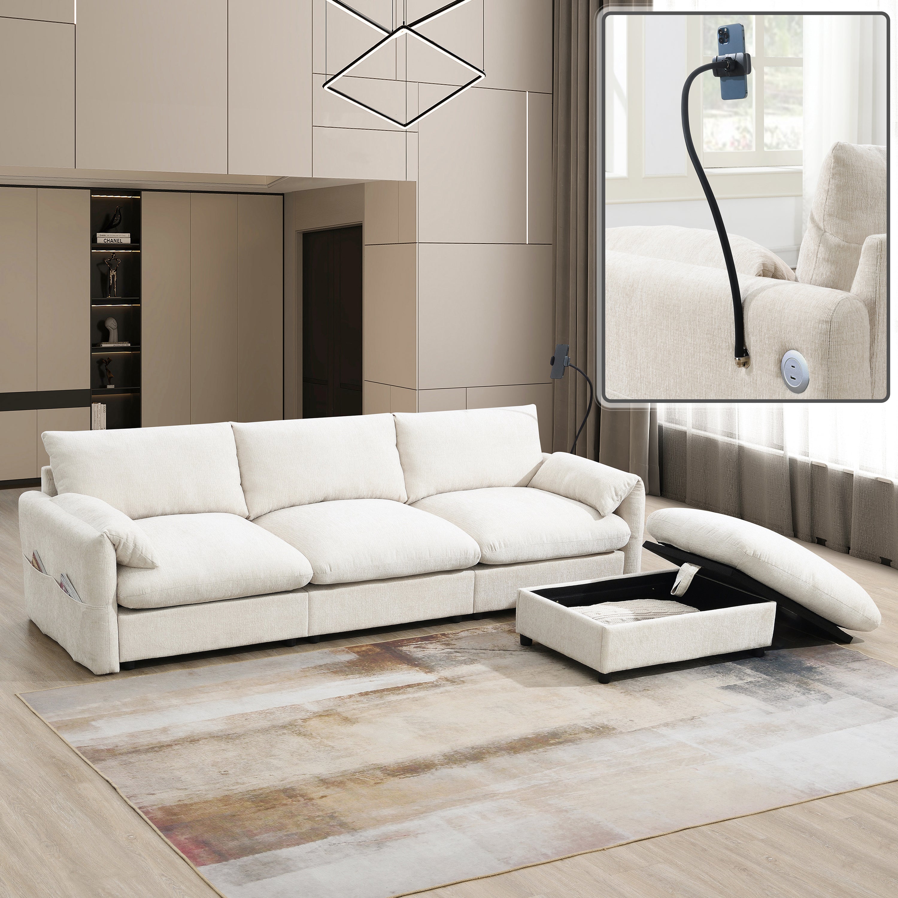 L-shaped sectional sofa with storage ottoman and USB charger in modern living room, featuring phone holder and side pockets for convenience.