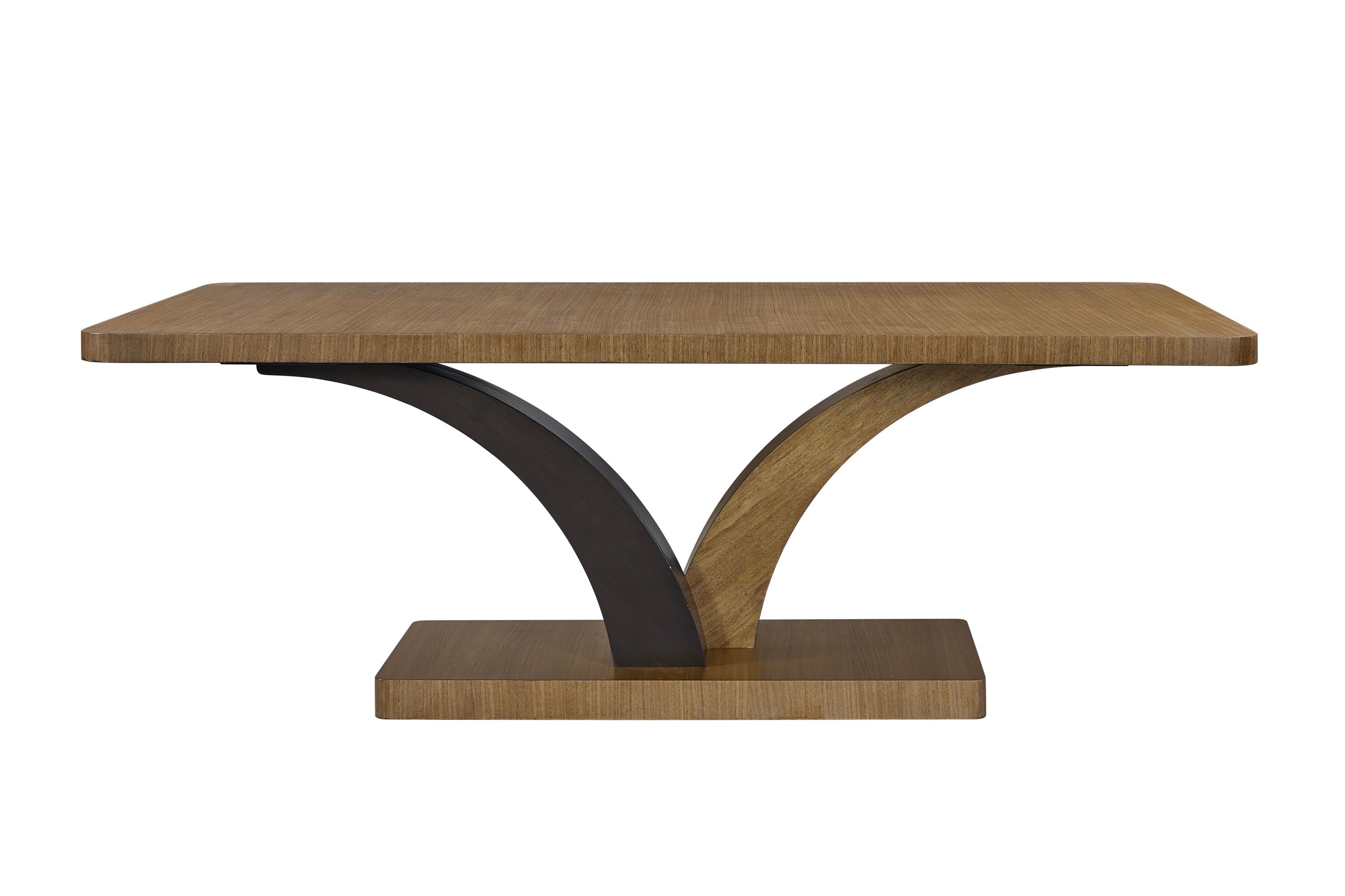 Pedestal Table Eucalyptus with dual-arc base in tan solid wood, showcasing sculptural support and rectangular top for modern dining spaces.