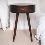 Solid Wood Nordic California Walnut Circular Shaped Bedside, 1-Drawer, Nordic Legs, Dark Brown