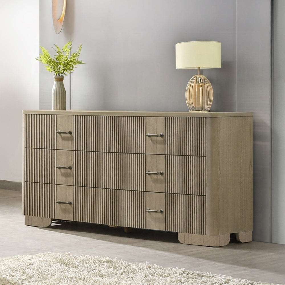 Rustic Oak Bedroom Dresser with 6 Drawers in a modern room setup, featuring antique finish and metal handles for transitional style decor.