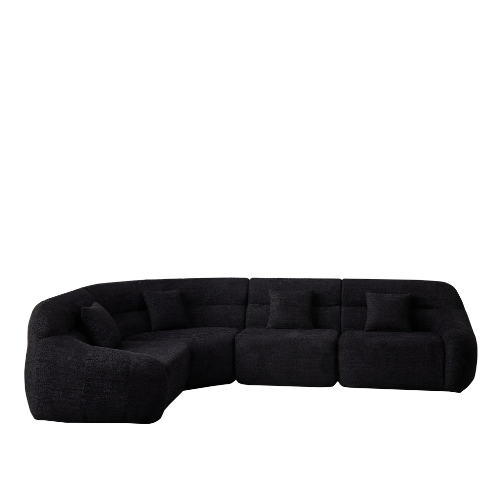 Full view of Modern Black Modular Sofa - Luxury Chenille 4-Seater with curved 123.2-inch layout, ideal for spacious modern interiors.