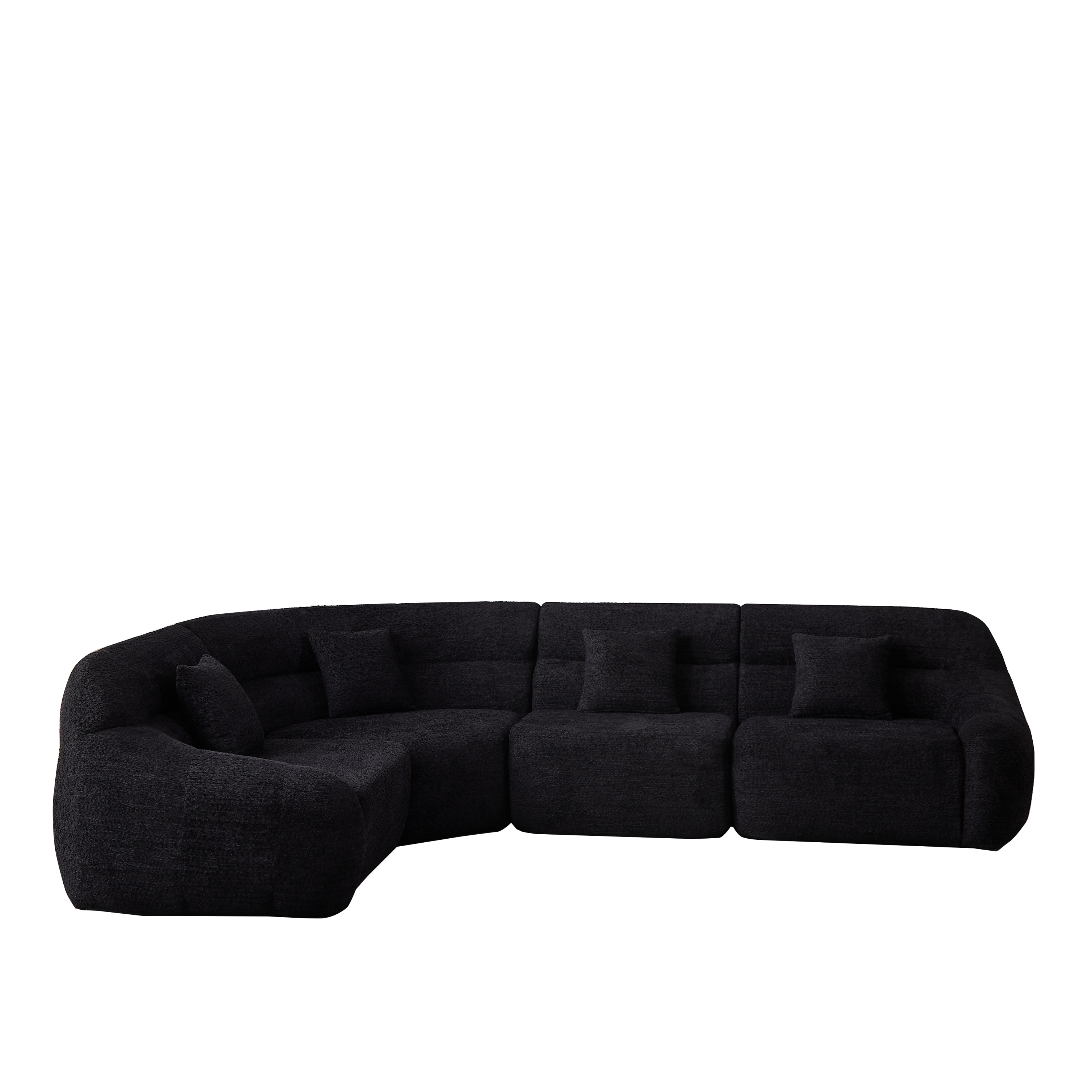 Full view of Modern Black Modular Sofa - Luxury Chenille 4-Seater with curved 123.2-inch layout, ideal for spacious modern interiors.