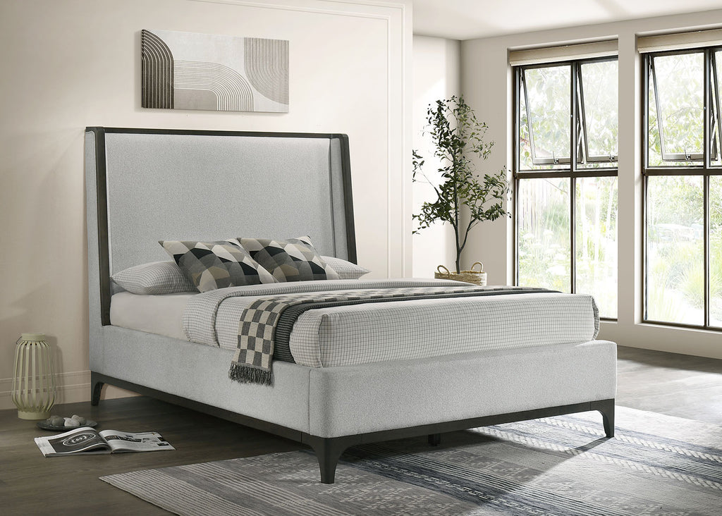 Eastern King Wingback Bed with Gray Upholstery and Wooden Trim