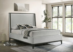 Eastern King Wingback Bed with Gray Upholstery and Wooden Trim