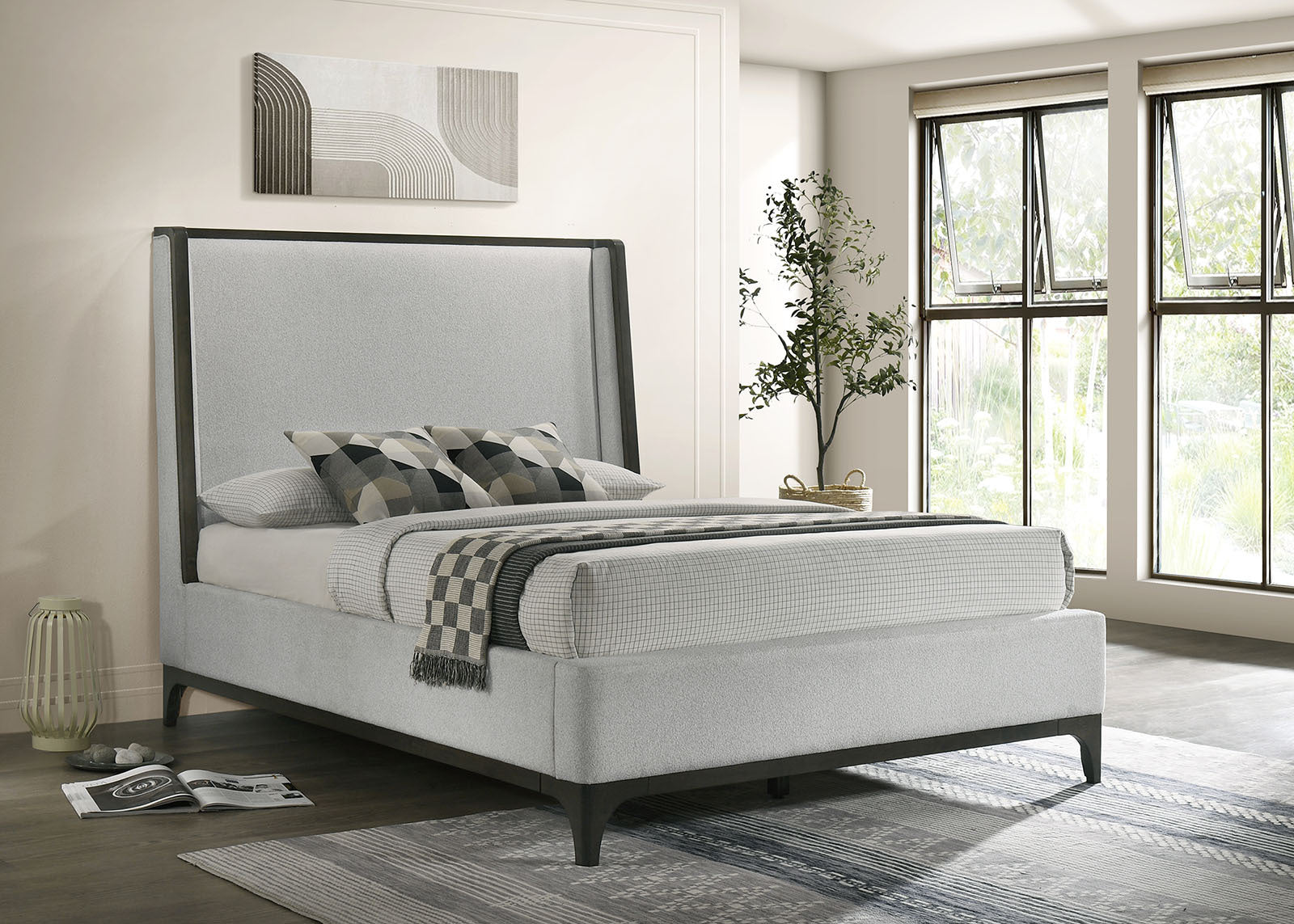 Eastern King Wingback Bed with Gray Upholstery and Wooden Trim