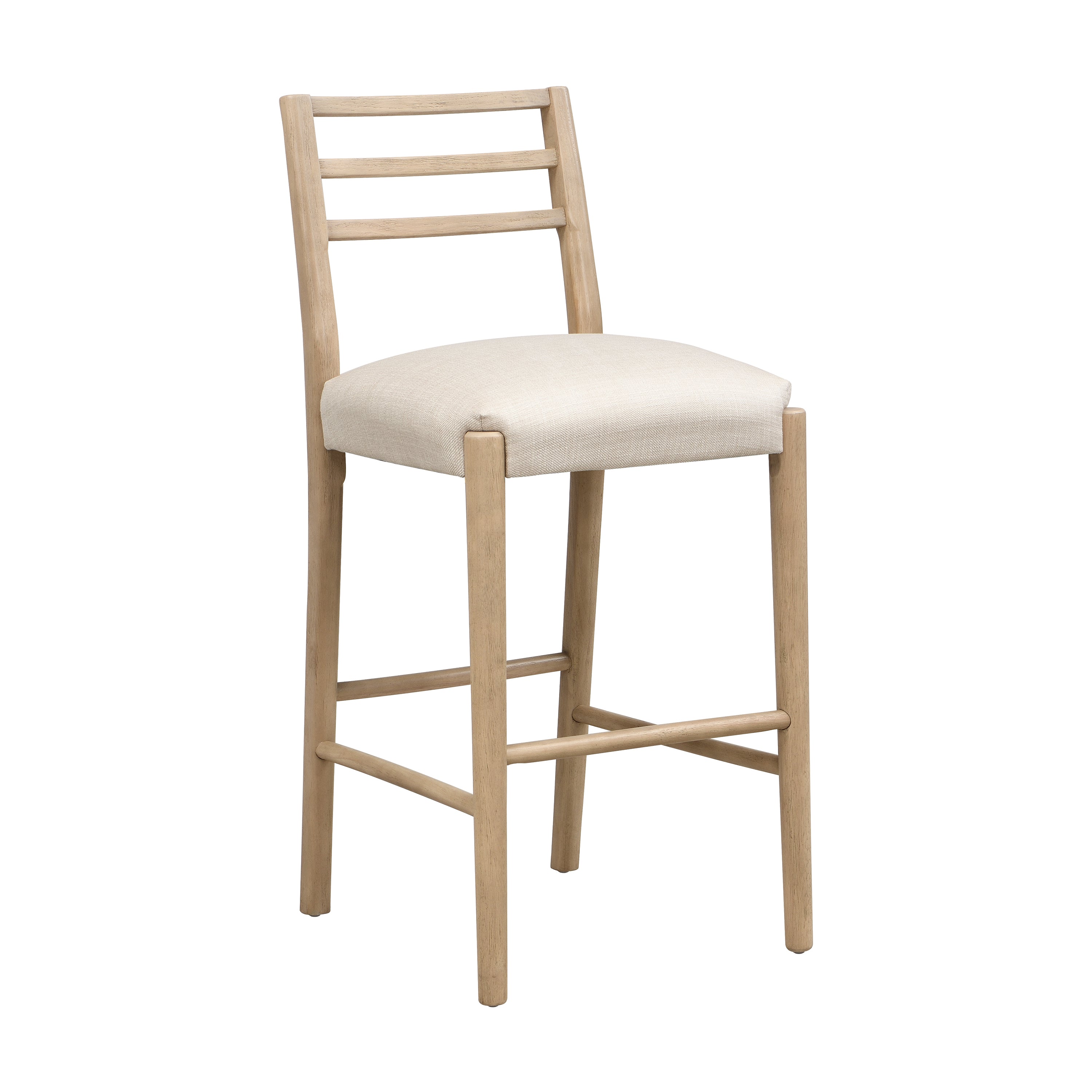 Angled view of Ladder Back Bar Stool highlighting the natural wood finish and soft upholstered seating for dining comfort.