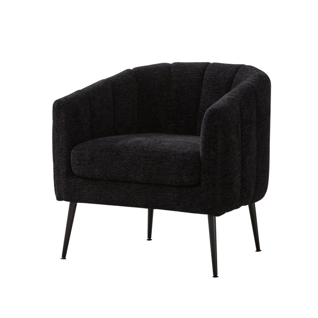Modern Upholstered Chenille Vanity Barrel Accent Chair with Metal Legs, Channel Tufted Lounge Chair in Black