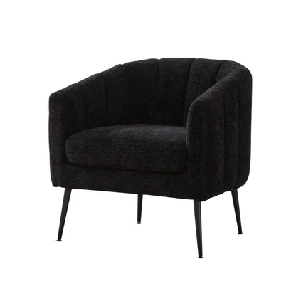 Modern Upholstered Chenille Vanity Barrel Accent Chair with Metal Legs, Channel Tufted Lounge Chair in Black