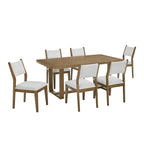 Stylish Walnut Oak Sled Dining Set for 6 featuring a rectangular wood table and six cushioned chairs with fabric upholstery in neutral tones.
