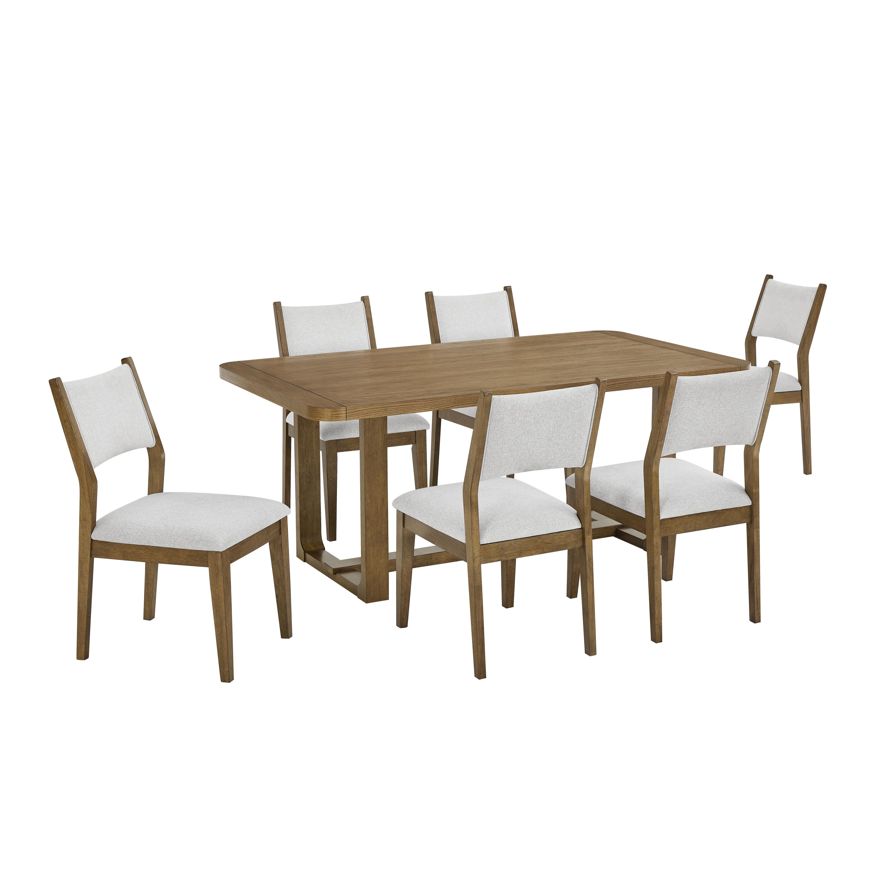 Stylish Walnut Oak Sled Dining Set for 6 featuring a rectangular wood table and six cushioned chairs with fabric upholstery in neutral tones.