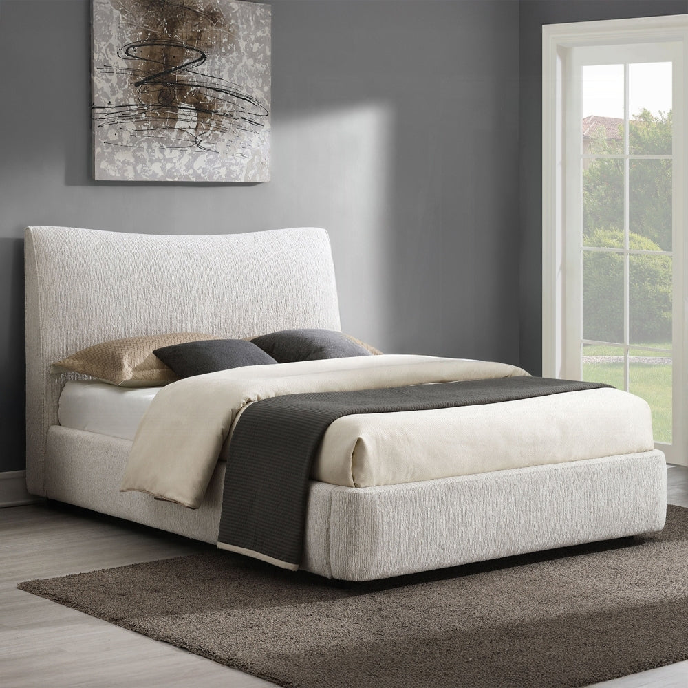Beige queen platform bed with chenille upholstery in a modern bedroom, featuring a padded headboard and no box spring design.
