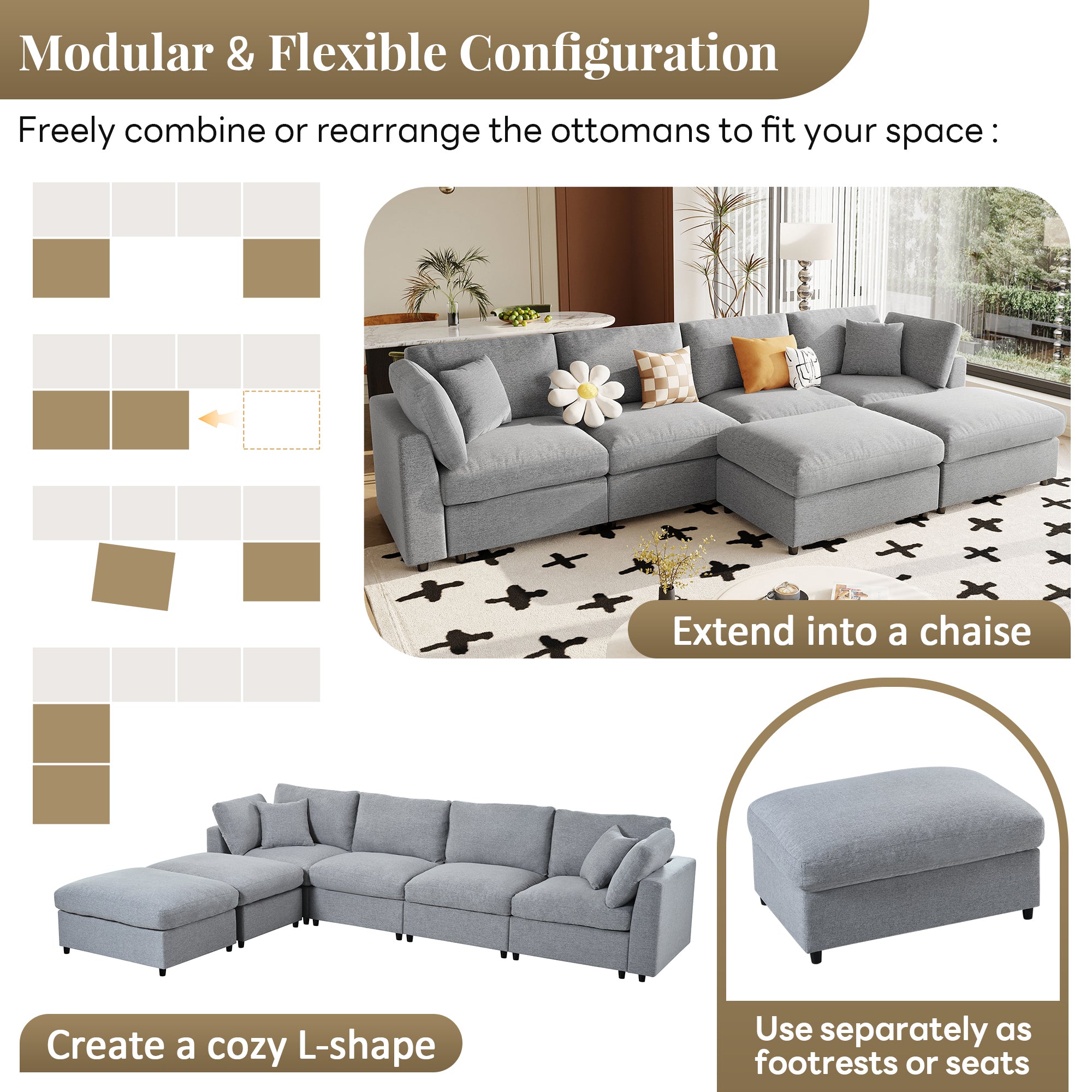 130' U-Shaped Sectional Sofa - Large & Versatile modular design with flexible configuration options including chaise and L-shape layouts.