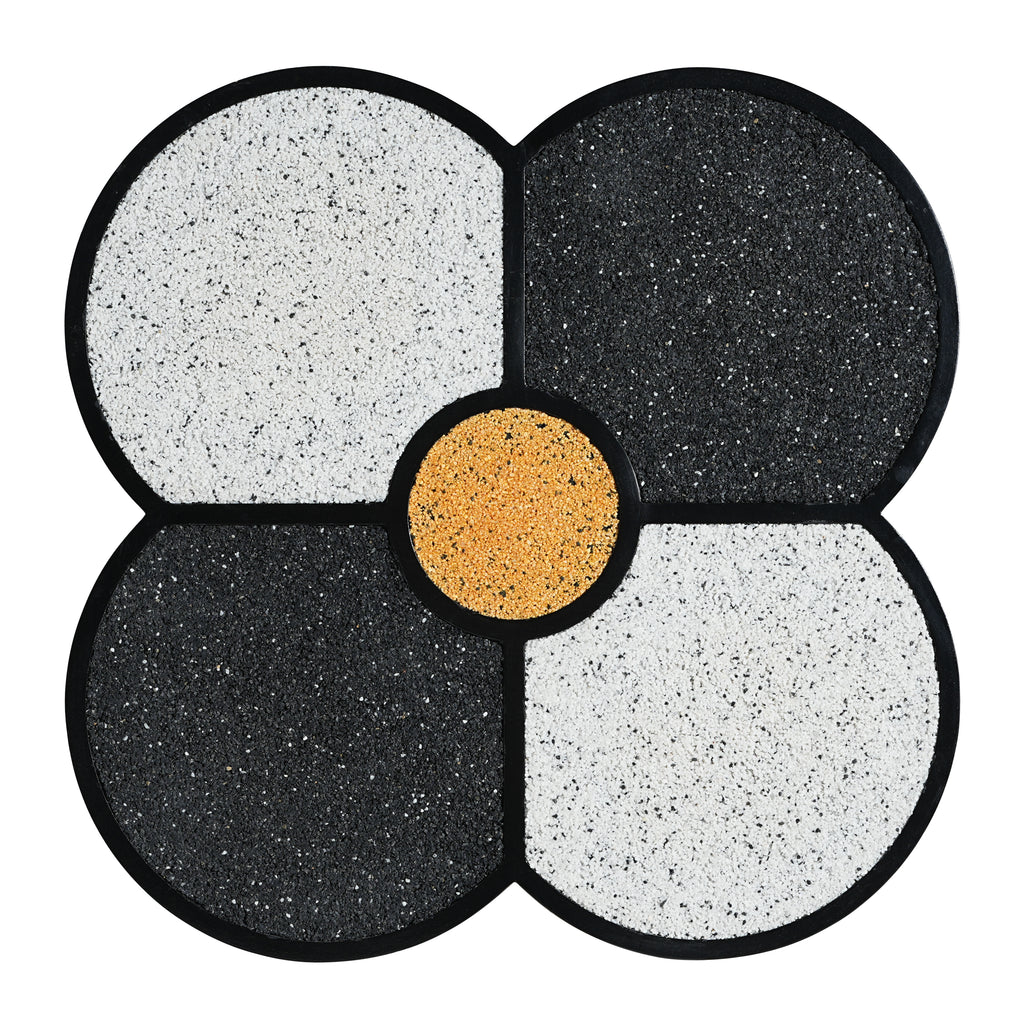 Top-down view of Four-Leaf Clover Accent Table showing the symmetrical clover design with black, white, and gold terrazzo.