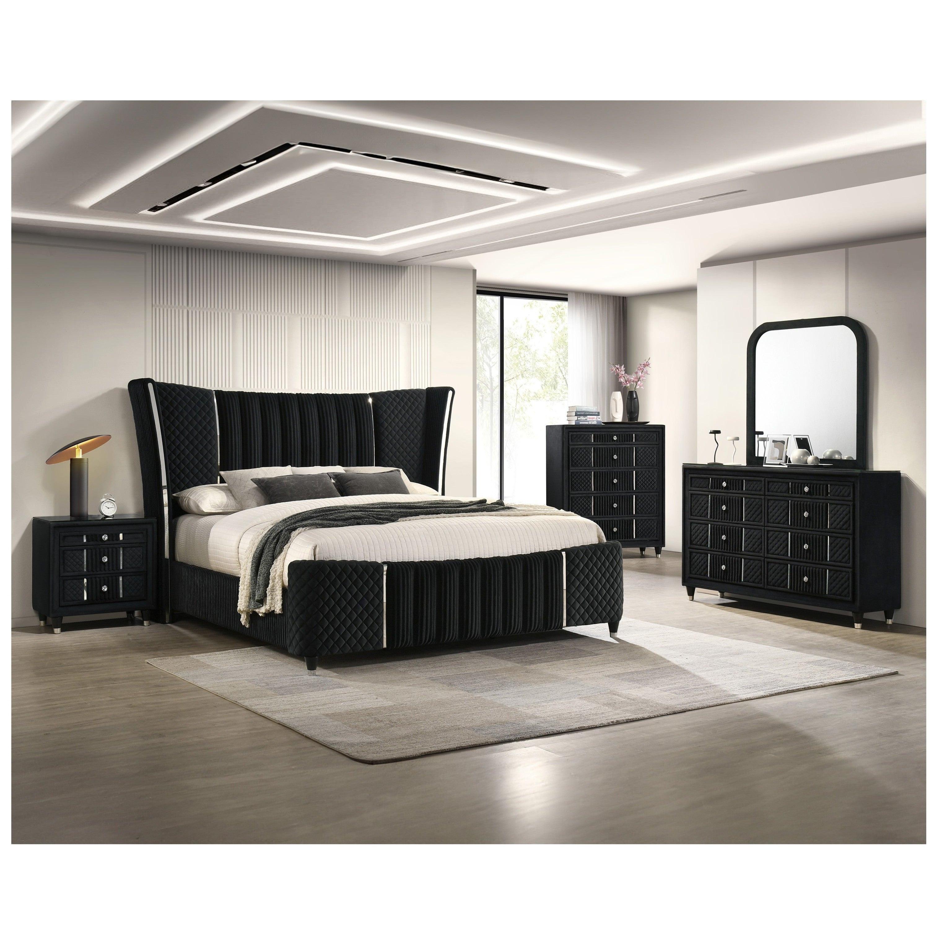 Contemporary Black Velvet Nightstand with Crystal-style Knobs.
