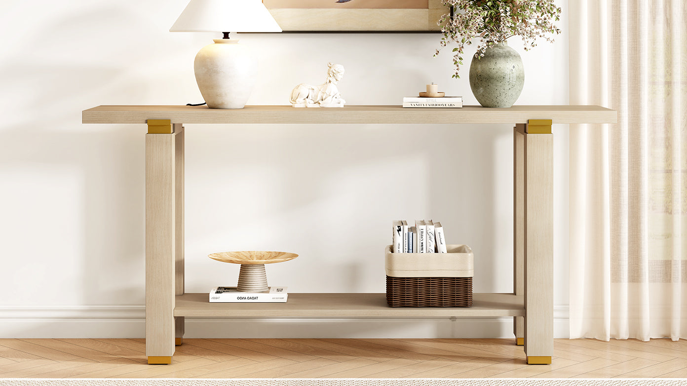 U_Style 62.9' Modern Minimalist Console Table, Solid Wood Entryway Sofa Table with Metal Accents, Built-in Shelf, for Living Room, Hallway (3 Colors: Black, Gray, Natural)