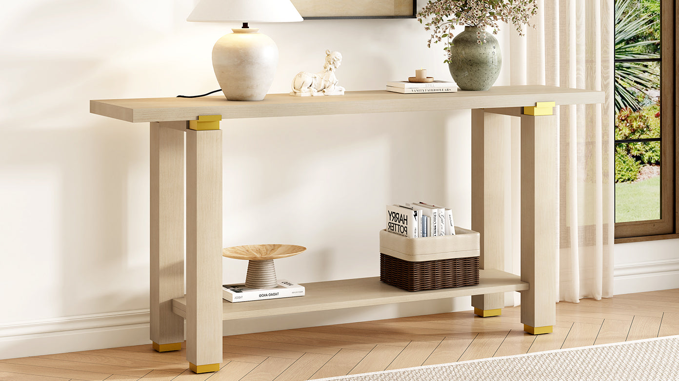 U_Style 62.9' Modern Minimalist Console Table, Solid Wood Entryway Sofa Table with Metal Accents, Built-in Shelf, for Living Room, Hallway (3 Colors: Black, Gray, Natural)