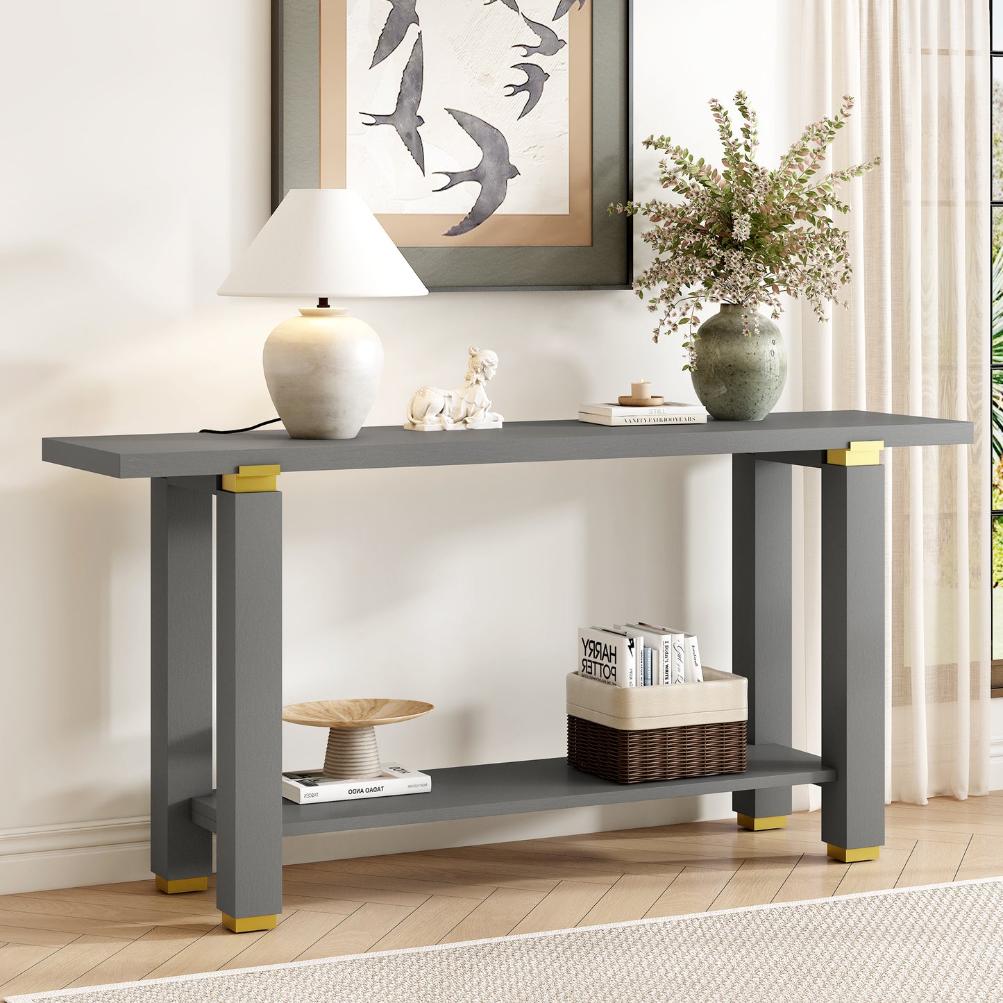 U_Style 62.9' Modern Minimalist Console Table, Solid Wood Entryway Sofa Table with Metal Accents, Built-in Shelf, for Living Room, Hallway (3 Colors: Black, Gray, Natural)