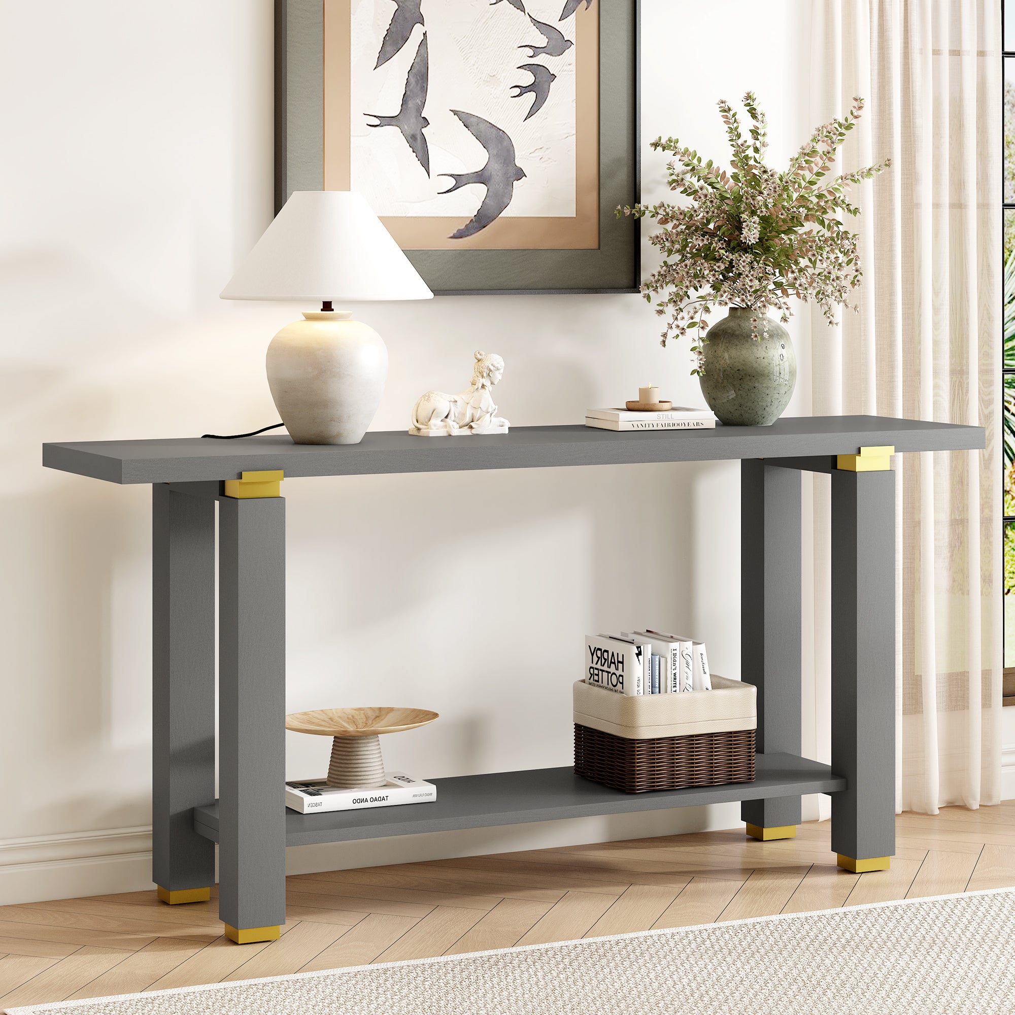 U_Style 62.9' Modern Minimalist Console Table, Solid Wood Entryway Sofa Table with Metal Accents, Built-in Shelf, for Living Room, Hallway (3 Colors: Black, Gray, Natural)