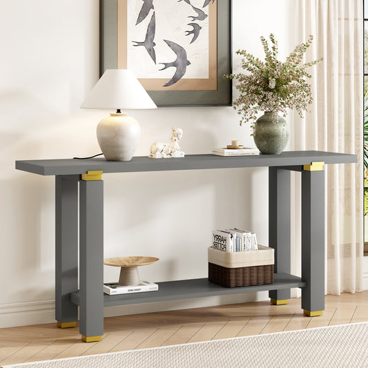 U_Style 62.9' Modern Minimalist Console Table, Solid Wood Entryway Sofa Table with Metal Accents, Built-in Shelf, for Living Room, Hallway (3 Colors: Black, Gray, Natural)