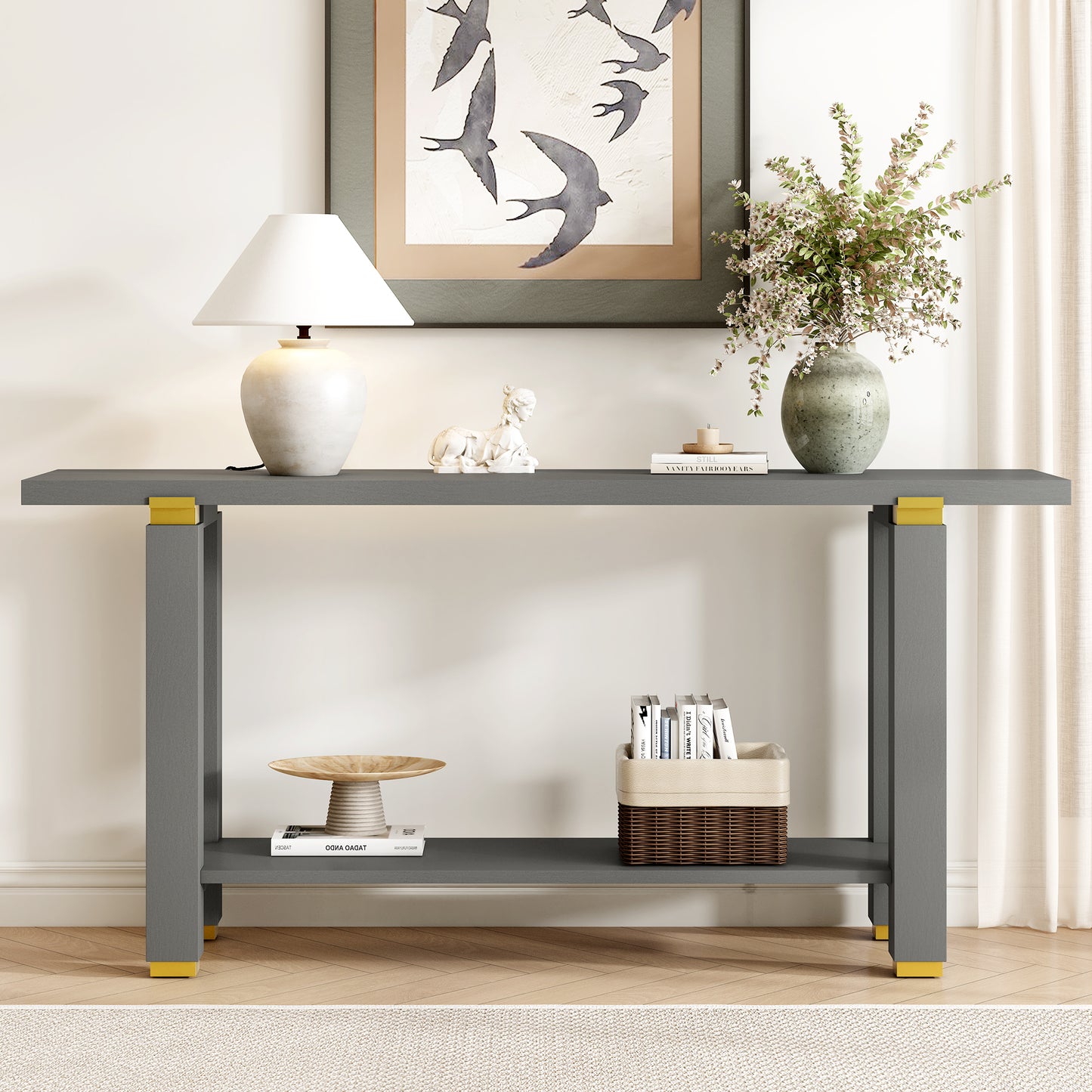 U_Style 62.9' Modern Minimalist Console Table, Solid Wood Entryway Sofa Table with Metal Accents, Built-in Shelf, for Living Room, Hallway (3 Colors: Black, Gray, Natural)