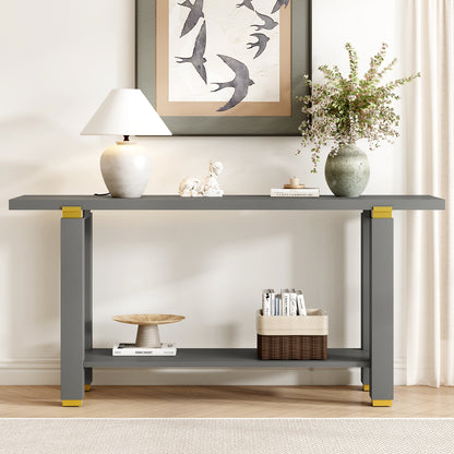 U_Style 62.9' Modern Minimalist Console Table, Solid Wood Entryway Sofa Table with Metal Accents, Built-in Shelf, for Living Room, Hallway (3 Colors: Black, Gray, Natural)