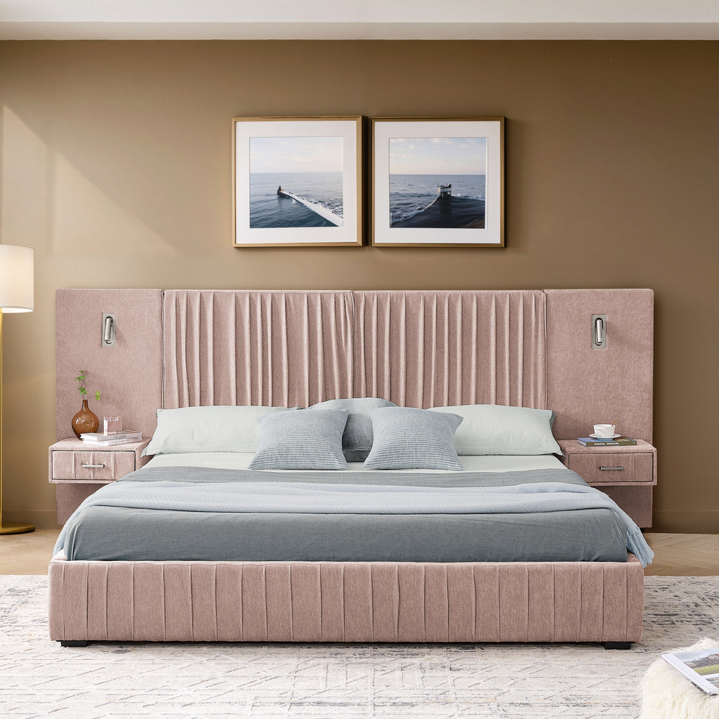 Stylish queen bed with plush headboard and integrated nightstands, offering a solid frame and modern bedroom appeal.