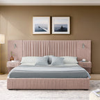 Stylish queen bed with plush headboard and integrated nightstands, offering a solid frame and modern bedroom appeal.