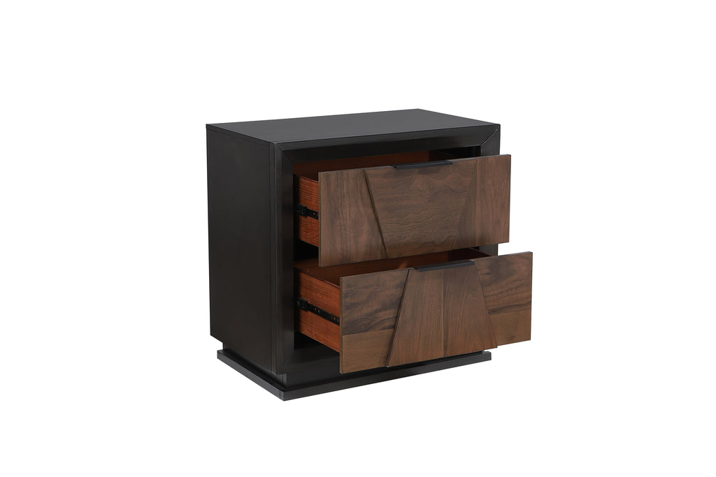 Walnut nightstand with both drawers open, showcasing deep storage and smooth glide functionality in a modern traditional design.