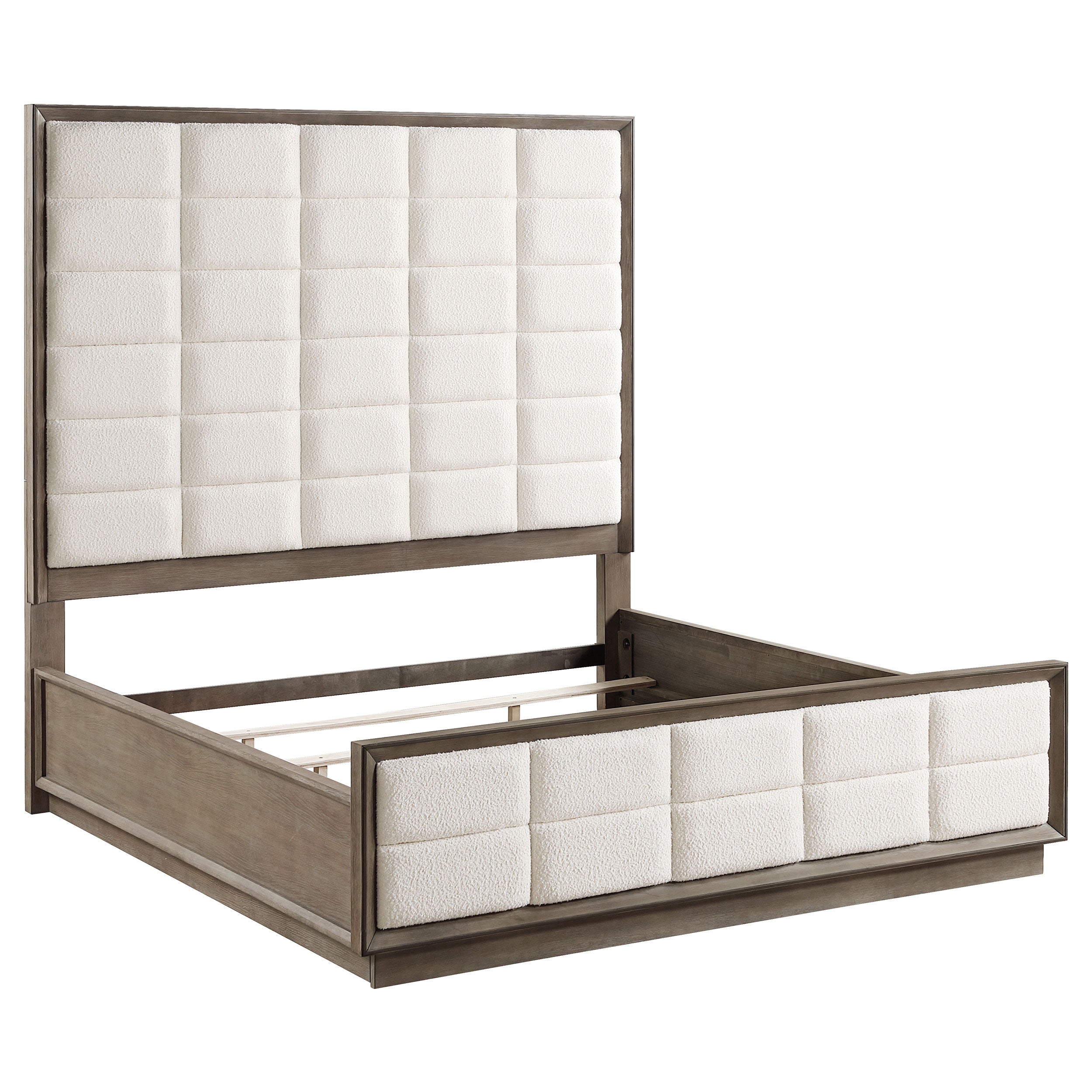 Eastern king panel bed in taupe oak with cream fabric, featuring a tall headboard and footboard with grid tufting.