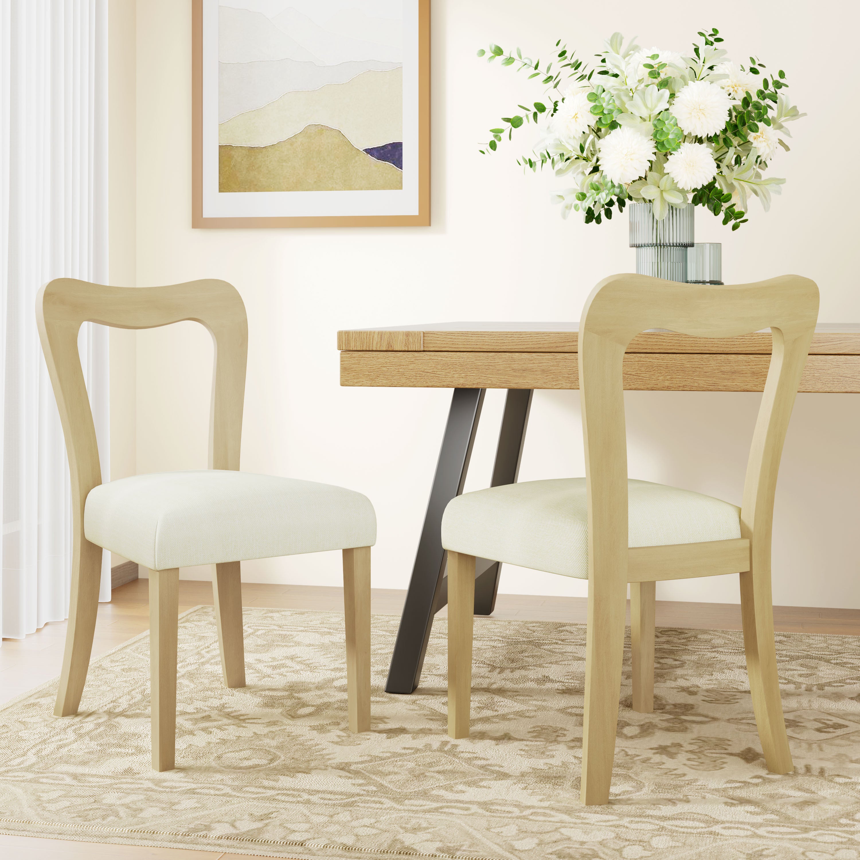 Contemporary dining chairs set of 2 in light ash and beige placed in a modern dining room with wood table and floral decor.