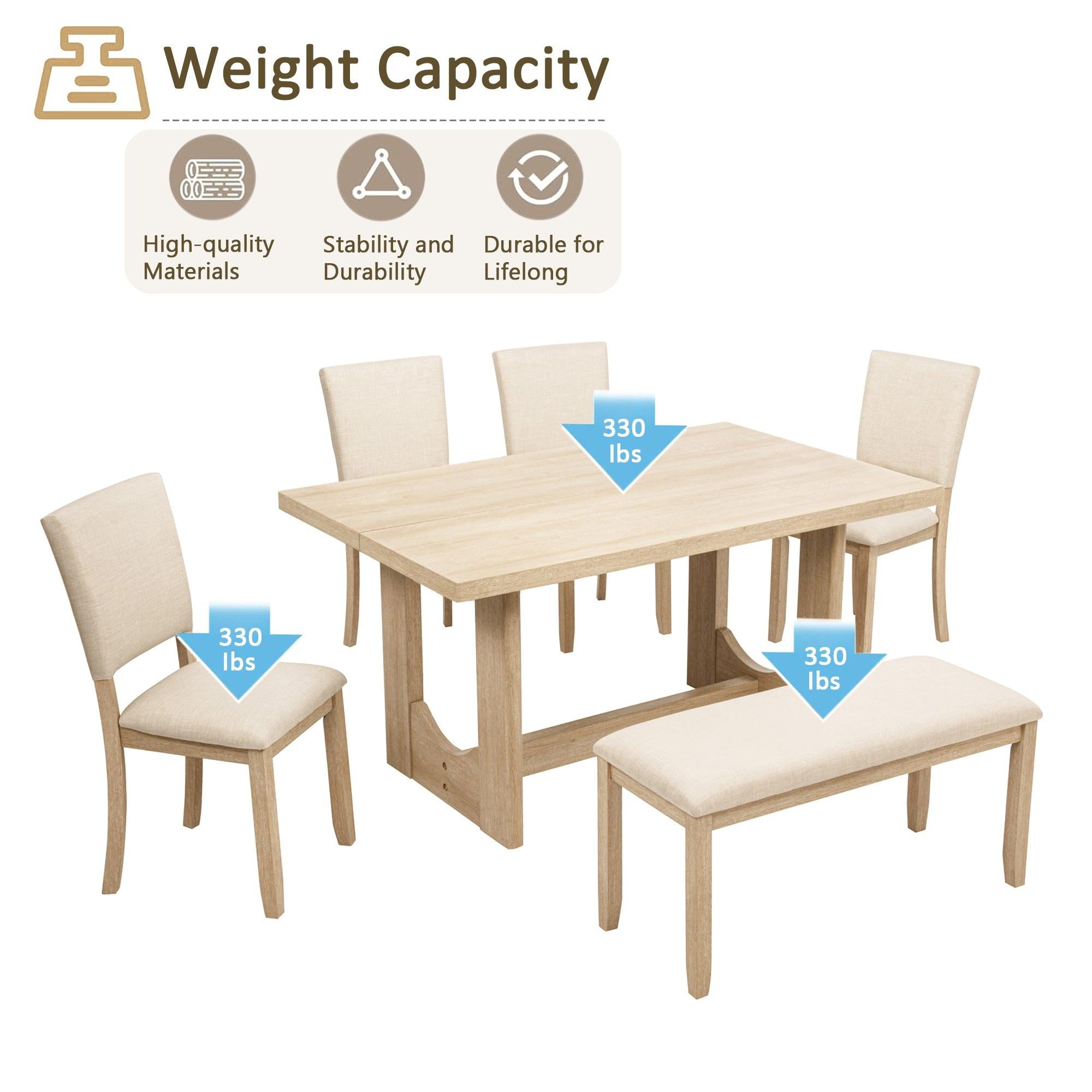 6 Piece Dining Table Set with Bench for Dining Room.
