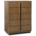 Modern ash brown 5-drawer dresser with a fluted wood finish and vertical matte black central handles on a dark base.