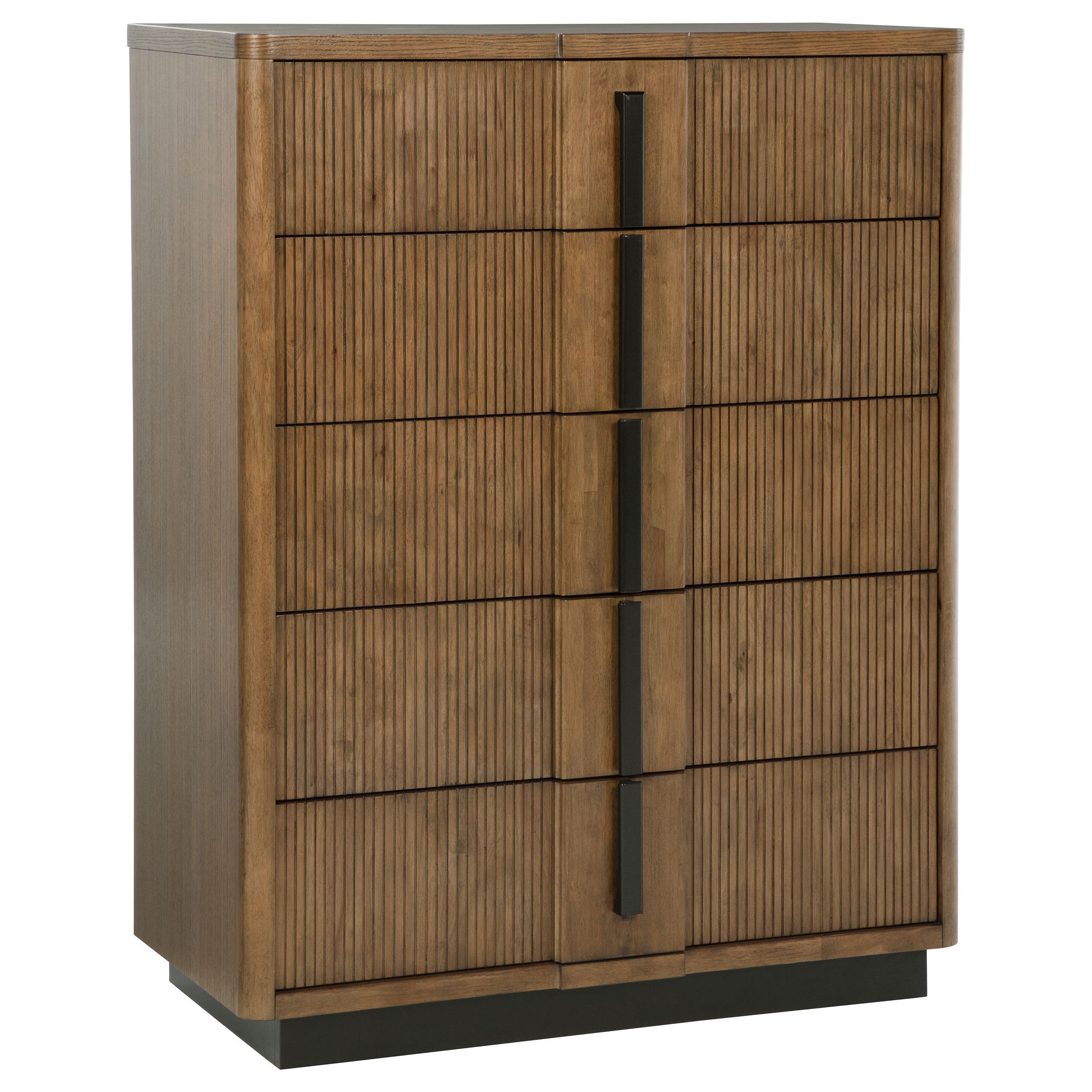 Modern ash brown 5-drawer dresser with a fluted wood finish and vertical matte black central handles on a dark base.