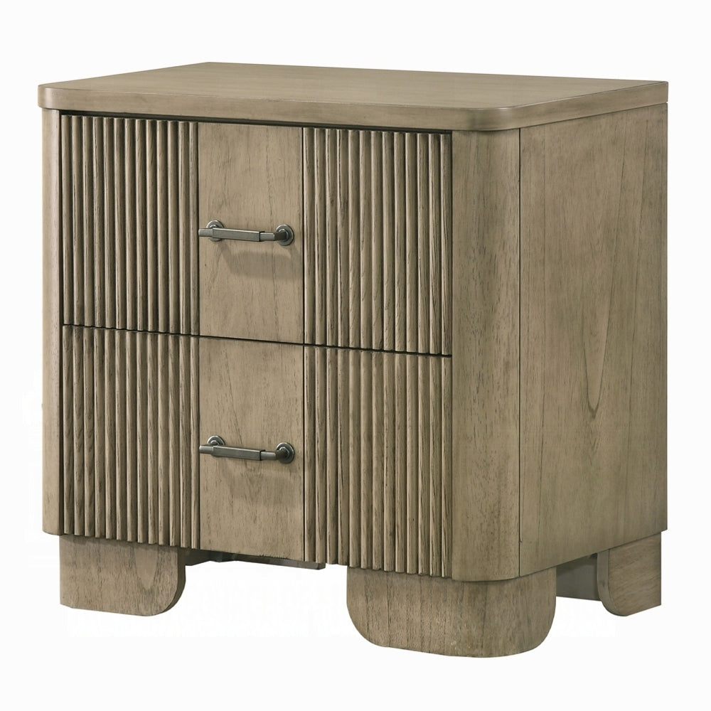 Angled view of transitional nightstand with 2 drawers in antique oak. Rounded edges and rustic oak finish enhance bedroom decor.