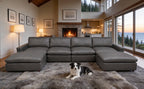 Blue Gray Leather Match U-Shaped Sectional with 6 Seats
