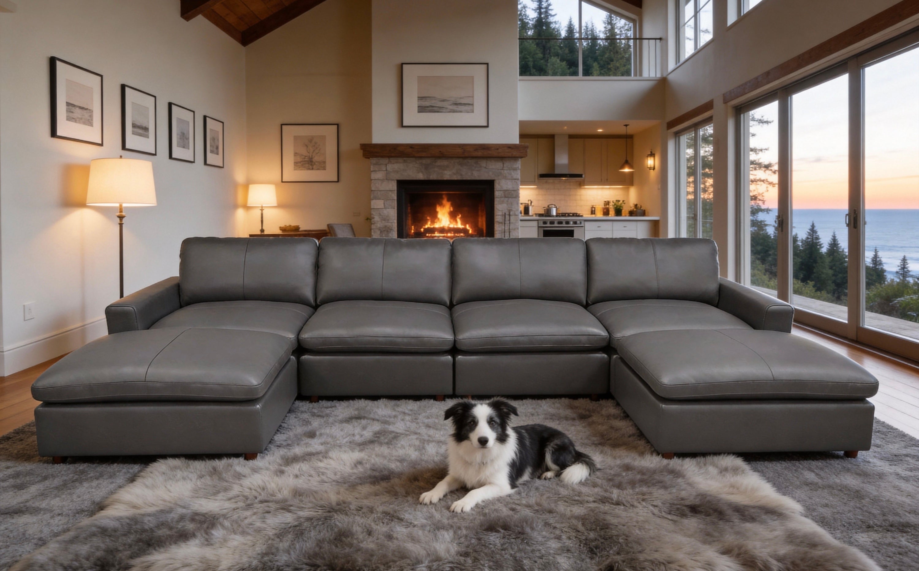 Blue Gray Leather Match U-Shaped Sectional with 6 Seats