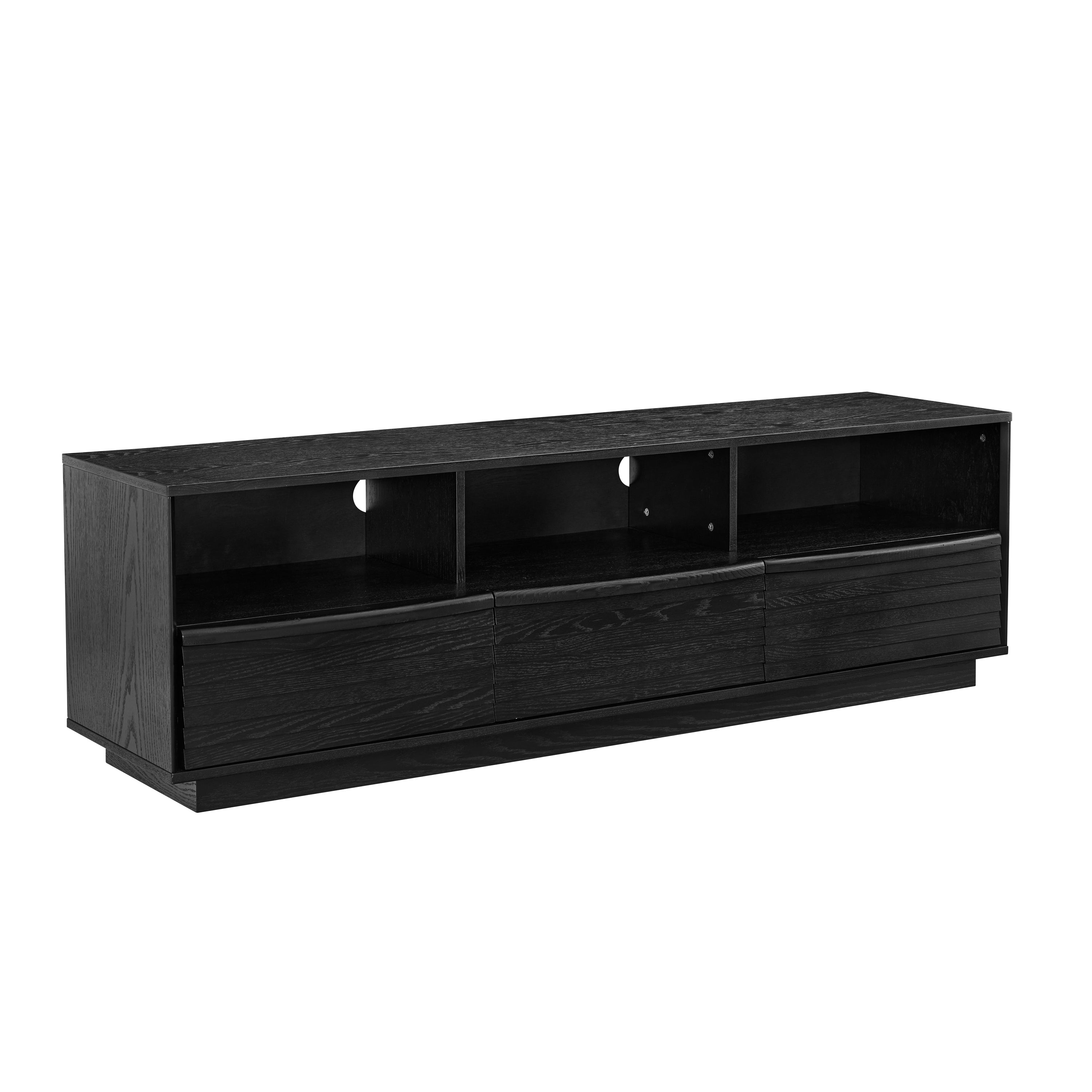 63' Mid-Century Modern TV Stand for TVs up to 75', Thick Sturdy Farmhouse Entertainment Cabinet, Media Console for Living Room, Louver Design & Solid Wood Drawers & Outlet Holes, Black