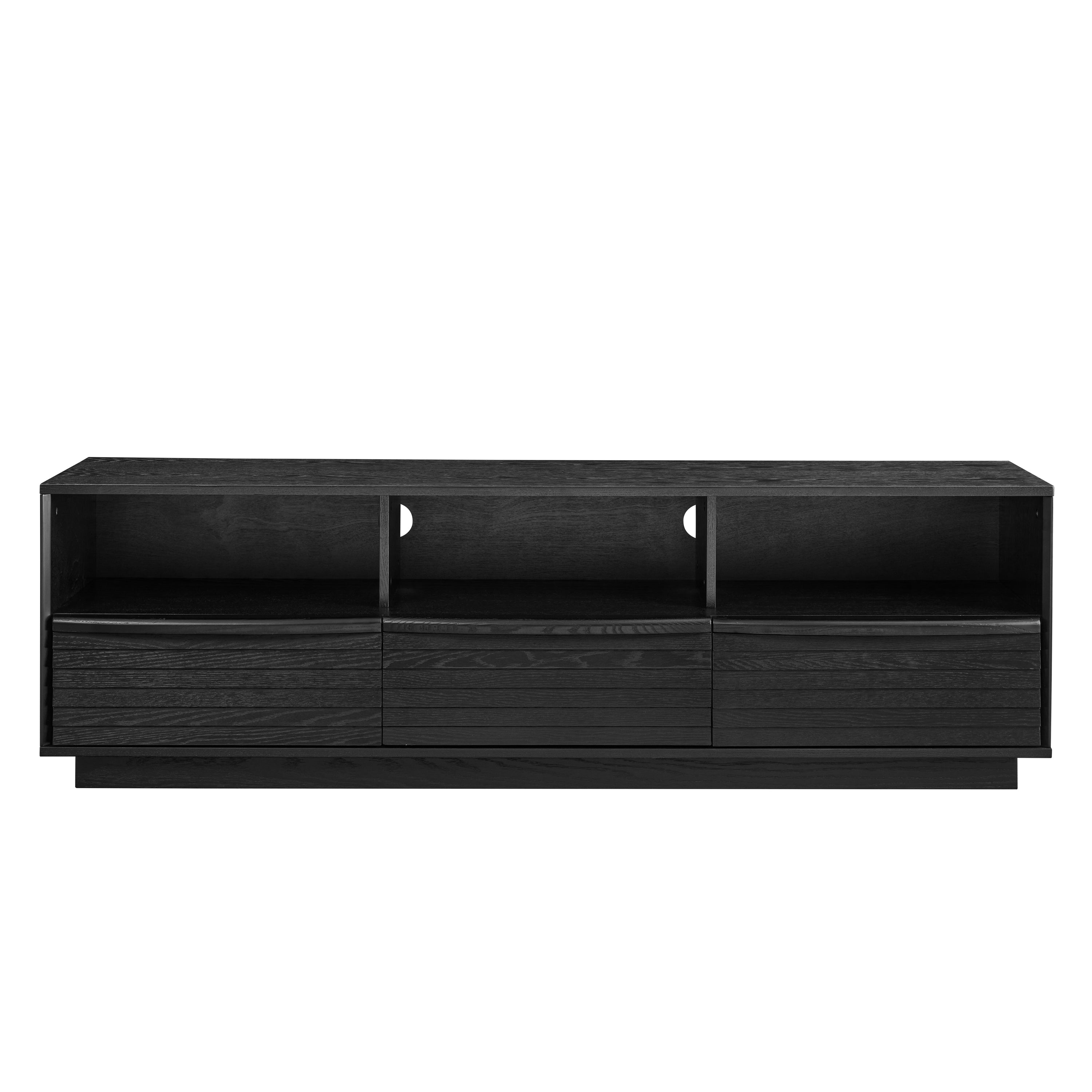 63' Mid-Century Modern TV Stand for TVs up to 75', Thick Sturdy Farmhouse Entertainment Cabinet, Media Console for Living Room, Louver Design & Solid Wood Drawers & Outlet Holes, Black