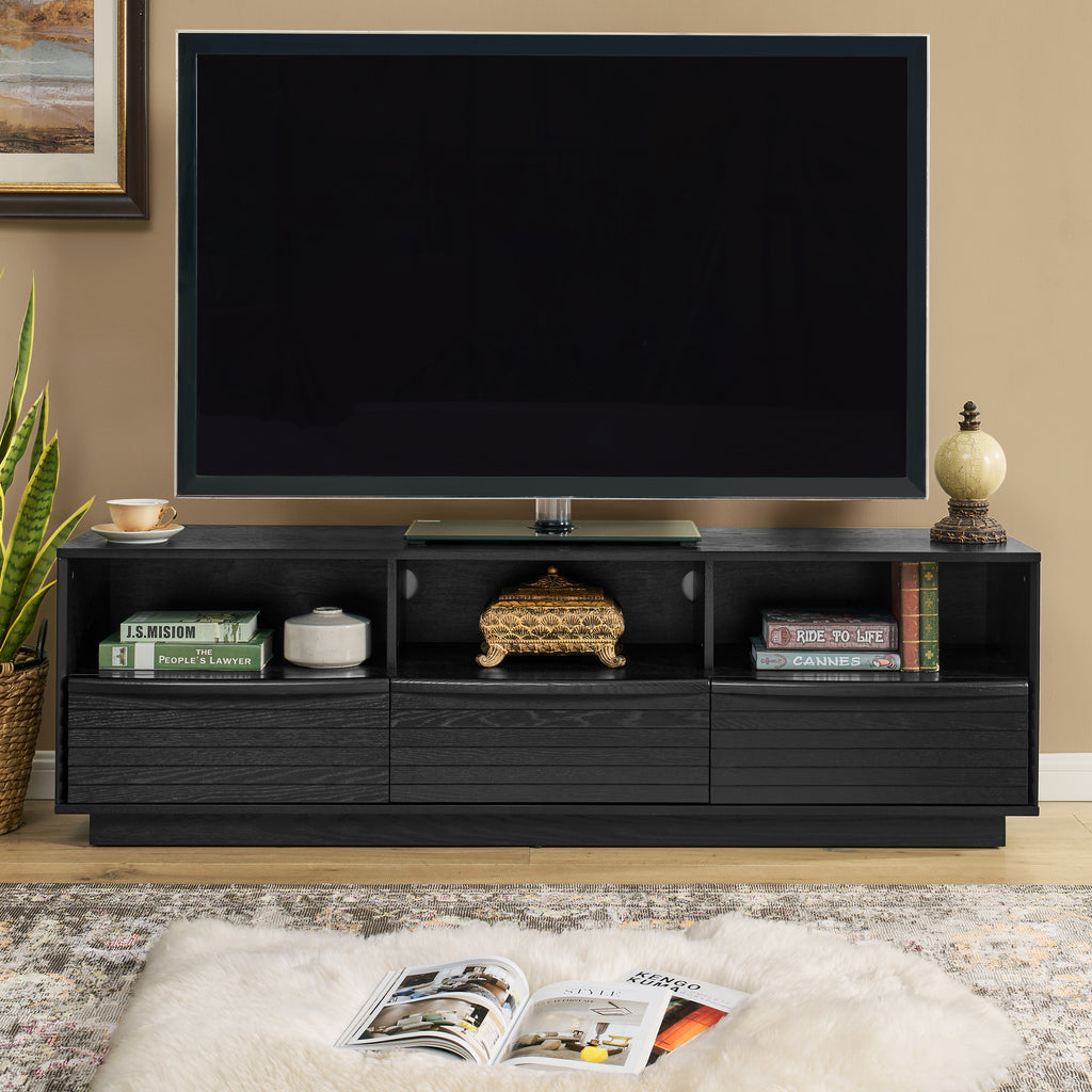 63' Mid-Century Modern TV Stand for TVs up to 75', Thick Sturdy Farmhouse Entertainment Cabinet, Media Console for Living Room, Louver Design & Solid Wood Drawers & Outlet Holes, Black