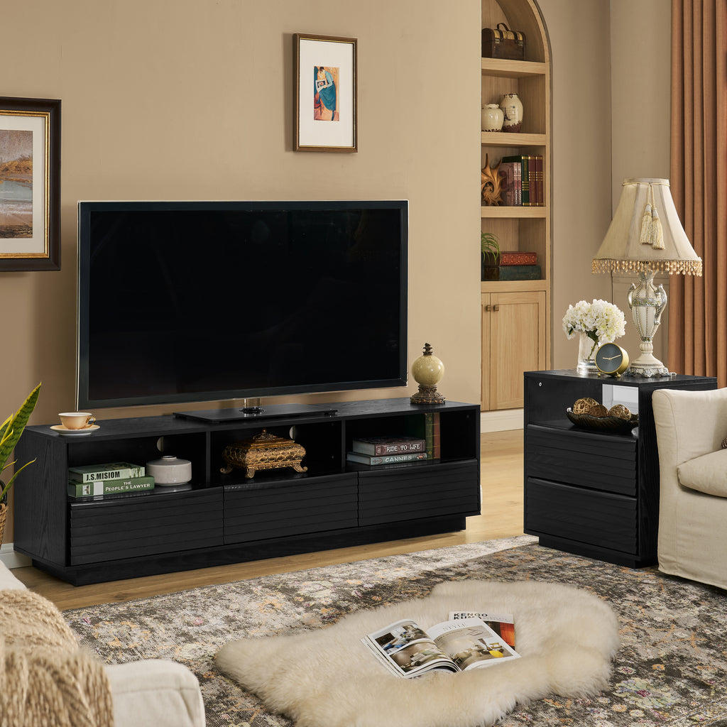 63' Mid-Century Modern TV Stand for TVs up to 75', Thick Sturdy Farmhouse Entertainment Cabinet, Media Console for Living Room, Louver Design & Solid Wood Drawers & Outlet Holes, Black