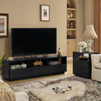 63' Mid-Century Modern TV Stand for TVs up to 75', Thick Sturdy Farmhouse Entertainment Cabinet, Media Console for Living Room, Louver Design & Solid Wood Drawers & Outlet Holes, Black