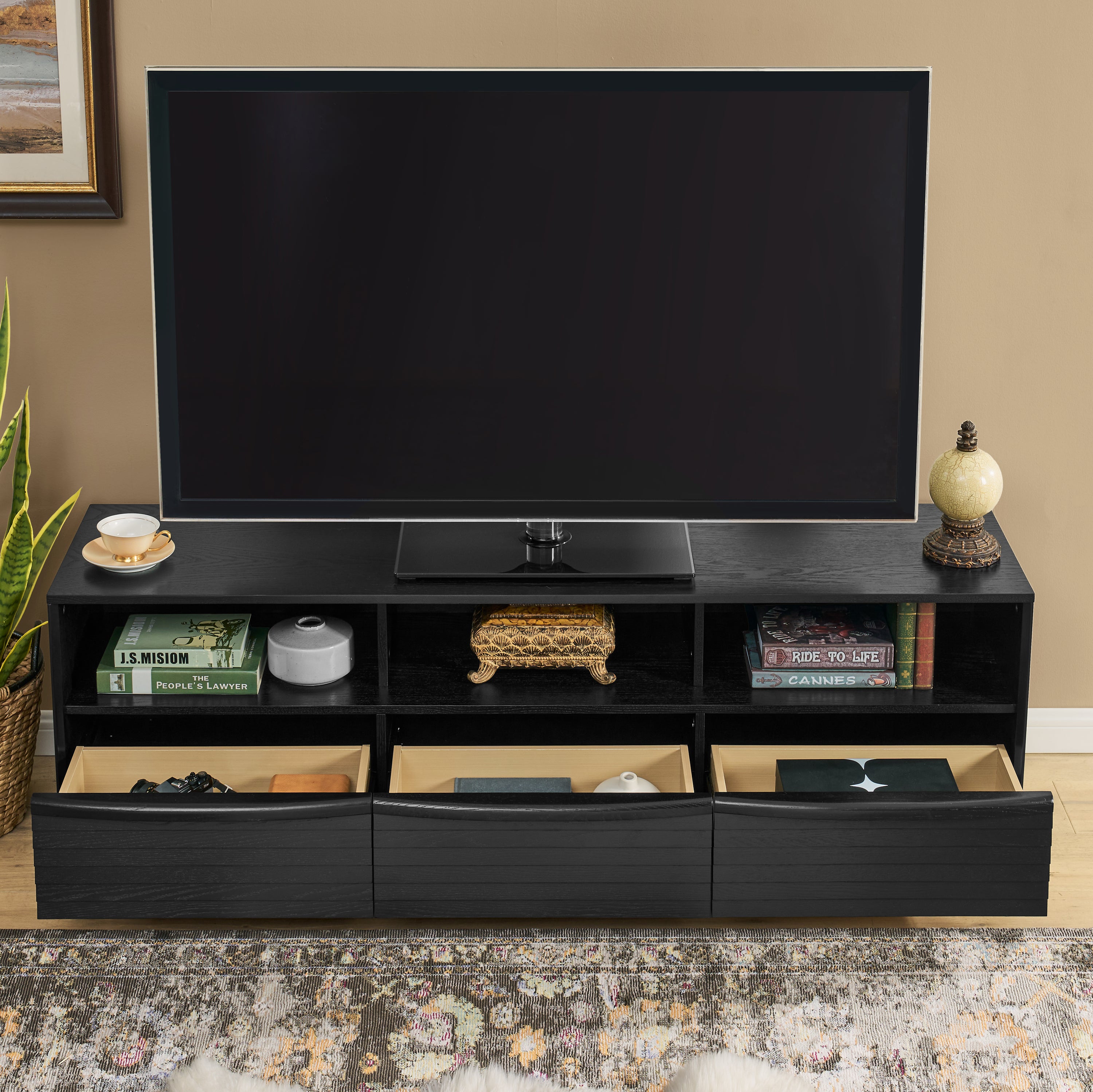 63' Mid-Century Modern TV Stand for TVs up to 75', Thick Sturdy Farmhouse Entertainment Cabinet, Media Console for Living Room, Louver Design & Solid Wood Drawers & Outlet Holes, Black