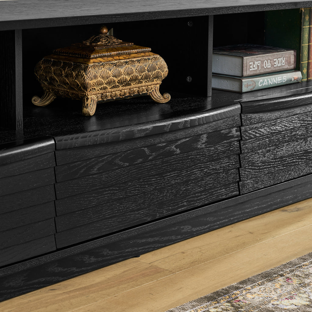 63' Mid-Century Modern TV Stand for TVs up to 75', Thick Sturdy Farmhouse Entertainment Cabinet, Media Console for Living Room, Louver Design & Solid Wood Drawers & Outlet Holes, Black