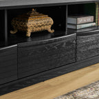 63' Mid-Century Modern TV Stand for TVs up to 75', Thick Sturdy Farmhouse Entertainment Cabinet, Media Console for Living Room, Louver Design & Solid Wood Drawers & Outlet Holes, Black