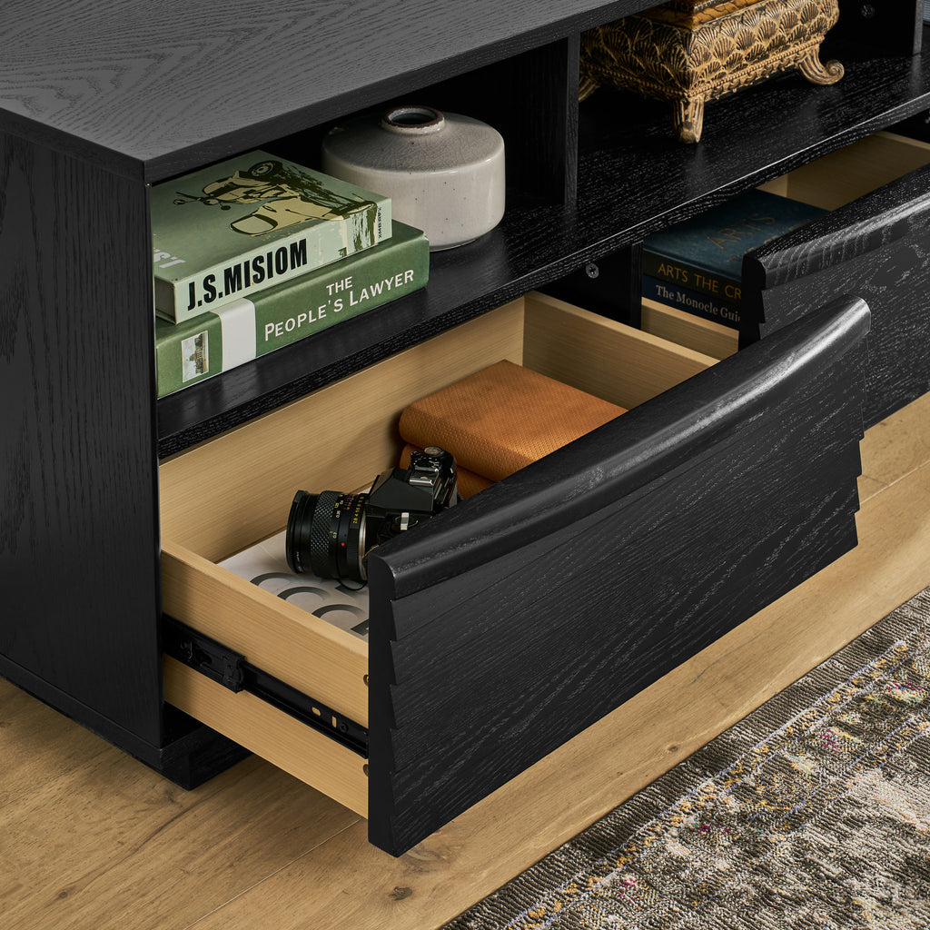63' Mid-Century Modern TV Stand for TVs up to 75', Thick Sturdy Farmhouse Entertainment Cabinet, Media Console for Living Room, Louver Design & Solid Wood Drawers & Outlet Holes, Black